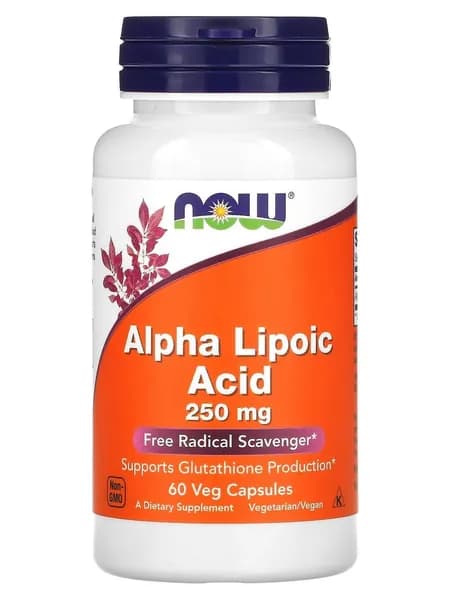 Альфа липоевая кислота 250мг (АЛА) 600 NOW Alpha Lipoic Acid (ALA) 250 мг, 60 растительных капсул