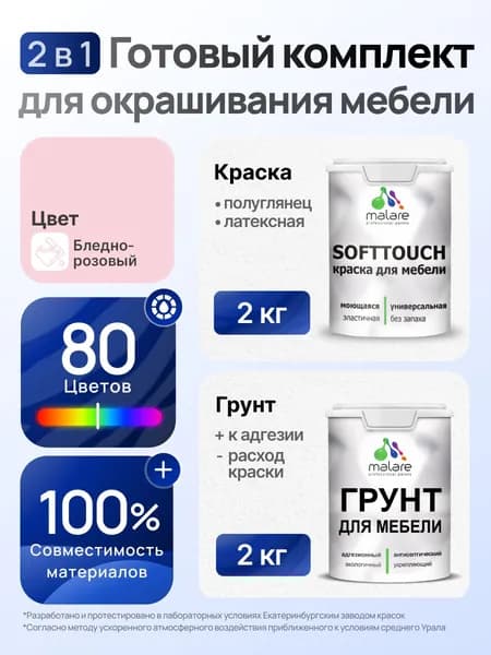 Комплект Malare SoftTouch для окрашивания мебели (2кг грунт + 2кг краска), акриловый, без запаха, быстросохнущий, полуглянцевый, цвет бледно-розовый