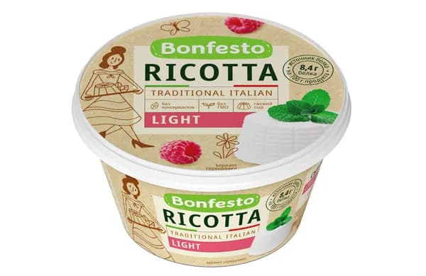 Сыр Рикотта Light 40%, 250 г, Bonfesto