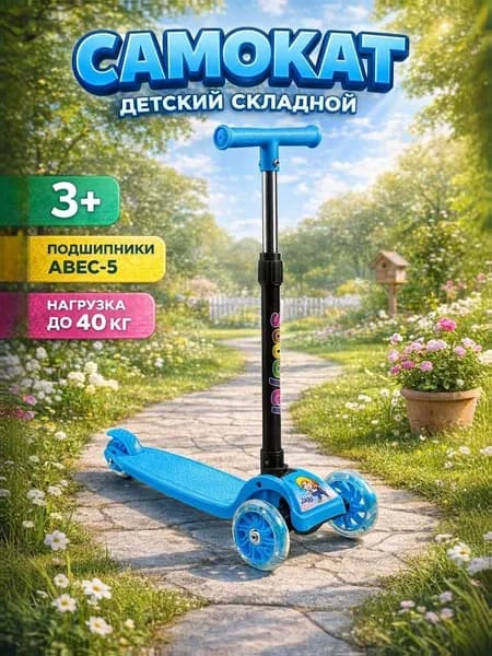Самокат детский трехколесный, синий / светящиеся колёса, для детей от 3 лет, нагрузка до 40 кг / детский самокат