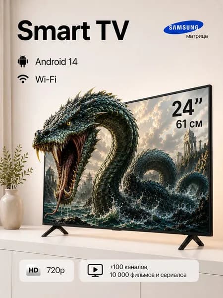 SMART TV Телевизор 24″ HD, черный