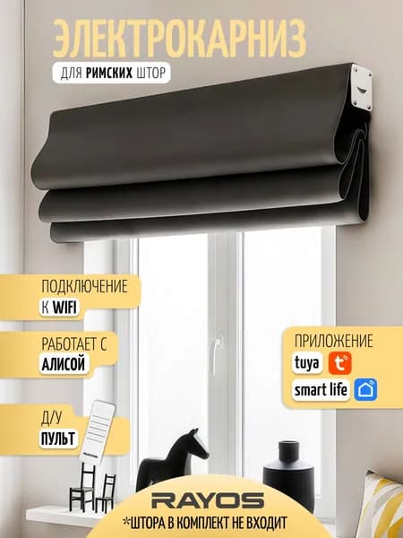 Электрокарниз для римских штор RAYOS с приводом TUYA, Wi-Fi, управление пульт ДУ, приложение Tuya / SmartLife