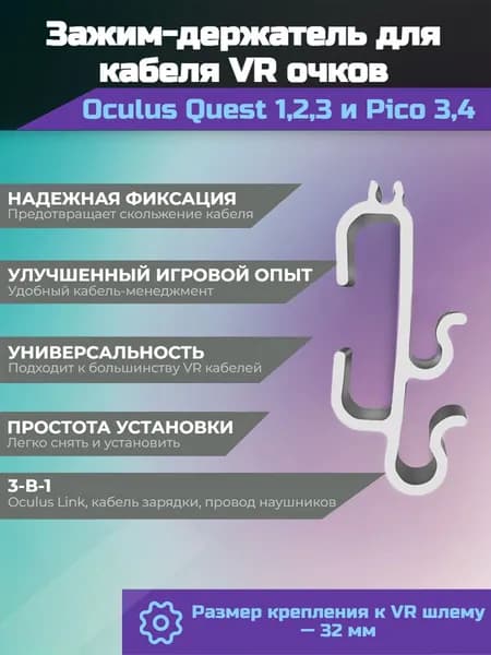 Зажим-держатель для кабеля Oculus Quest 1/2/3 и Pico 3/4, фиксатор провода для VR шлема, крепление кабеля на ремешок