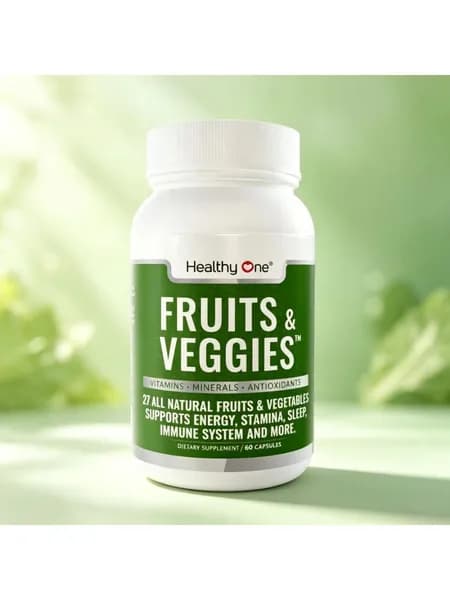 Пищевые добавки Healthy One Fruit & Vegetable в капсулах содержат 27 витаминов из суперфудов, не содержат глютена и молочных продуктов и выпускаются в упаковке по 60 капсул.