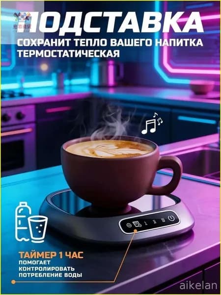 Умная термоподставка для кружки с 3 режимами нагрева. Подогревает чай, кофе, молоко. Таймер питья, автоотключение, для любой посуды. Серебристая