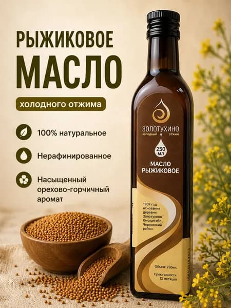 Рыжиковое нерафинированное масло Золотухино высшего сорта холодного отжима для заправки салатов, каш и блюд из картофеля, 250 мл
