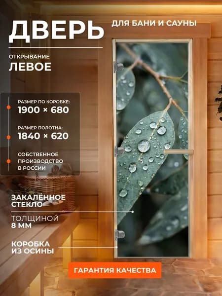 Дверь для бани/сауны 1900х680 8мм "Роса" УФП Левый