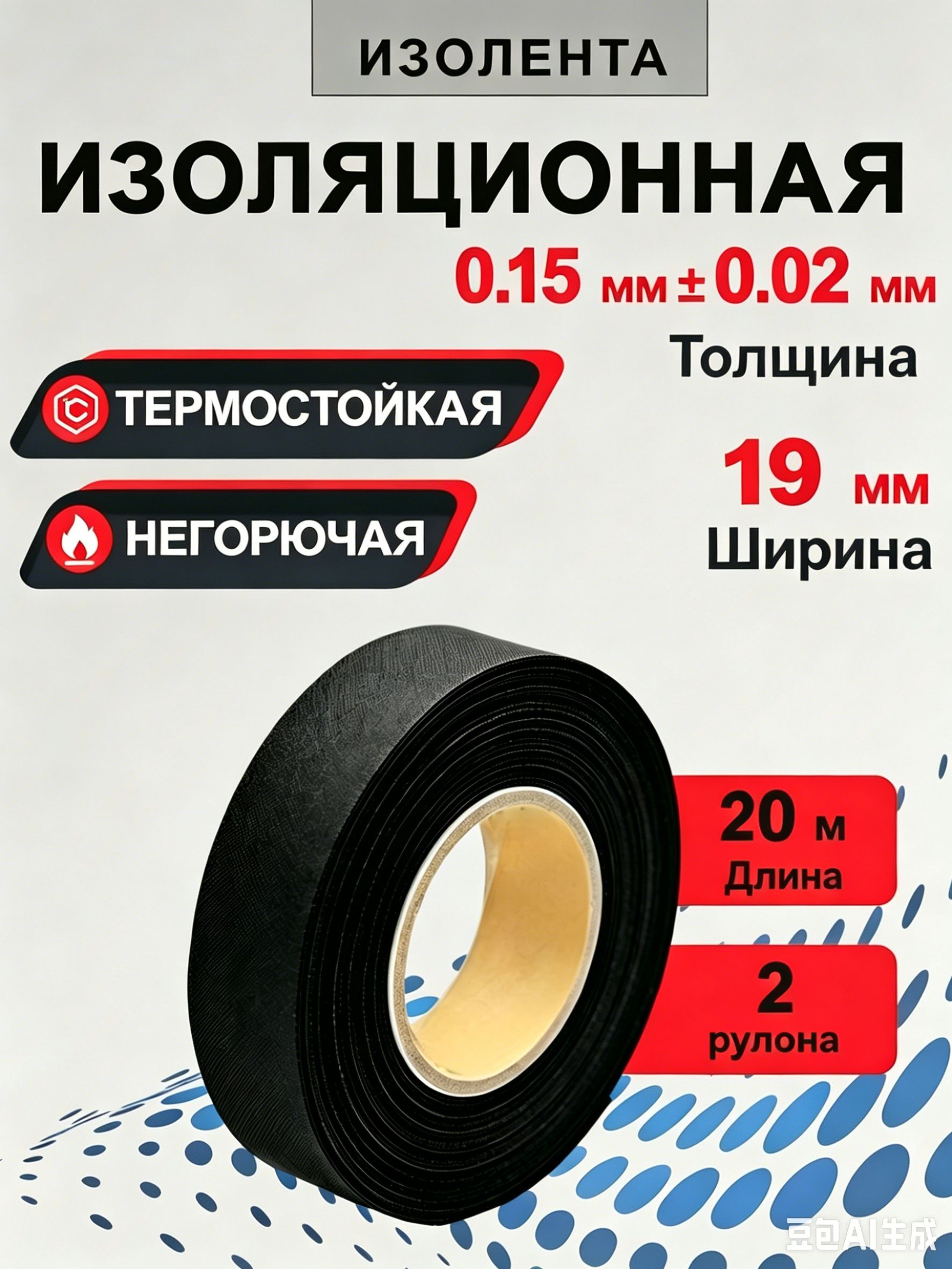 Тканевая обмоточная лента 19 мм 20 м, толщина 0,26 мм, для автомобильных жгутов и трубопроводов, термостойкая от -40 до +105 C, износостойкая, огнезащитная