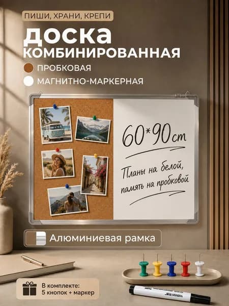 Доска комбинированная с магнитная маркерная настенная 60*90 см, двусторонняя доска для записей и рисования, пробковая на стену для объявлений, алюминиевая рамка