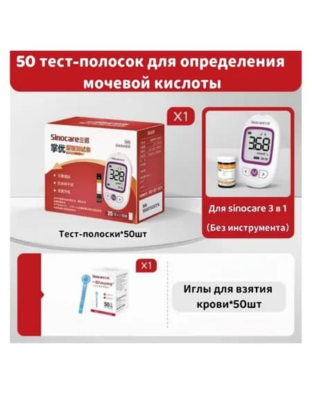Тест-полоски Sinocare для определения уровня мочевой кислоты, 50 полосок + 50 ланцетов