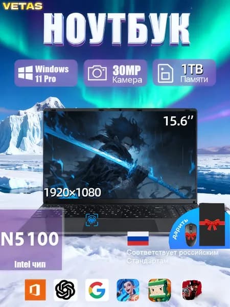 VETAS ноутбук для работы/ Игровой ноутбук 15.6", Intel Celeron N5100, RAM 32 ГБ, SSD 1024 ГБ, Intel UHD Graphics, Windows Pro, серебристый, Русская раскладка
