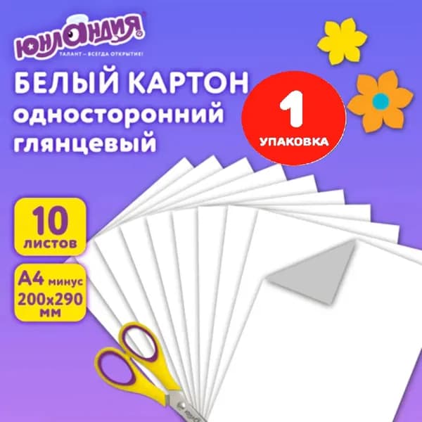 Картон белый А4 МЕЛОВАННЫЙ (белый оборот), 10 листов, в папке, 200х290 мм (1 упаковка)