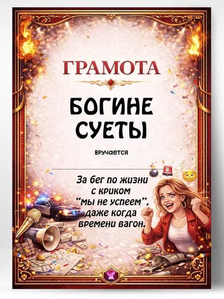 Грамота диплом в подарок - Богине суеты