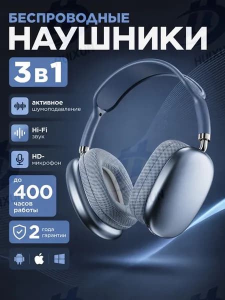 Наушники беспроводные с микрофоном, Bluetooth, USB Type-C, 3.5 мм, синий