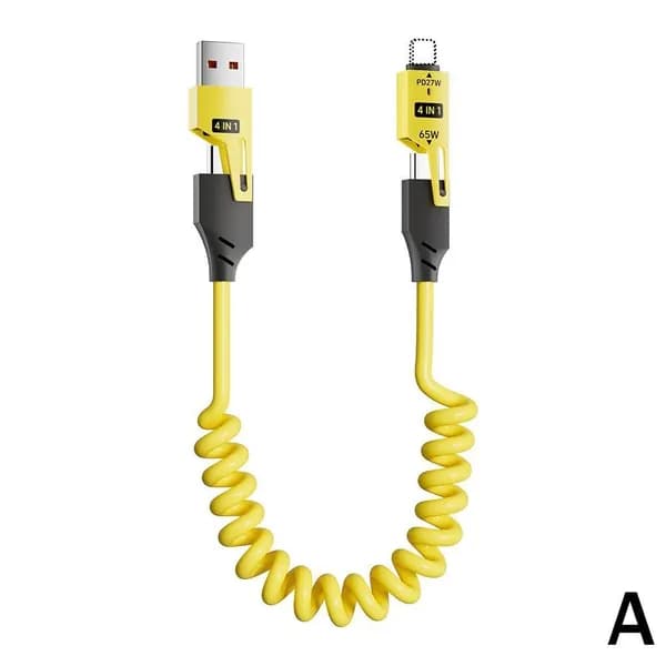 4in1 Кабель для быстрой зарядки TYPEC 65W с двойным наконечником, пружинный, автомобильный PD27W выдвижной кабель