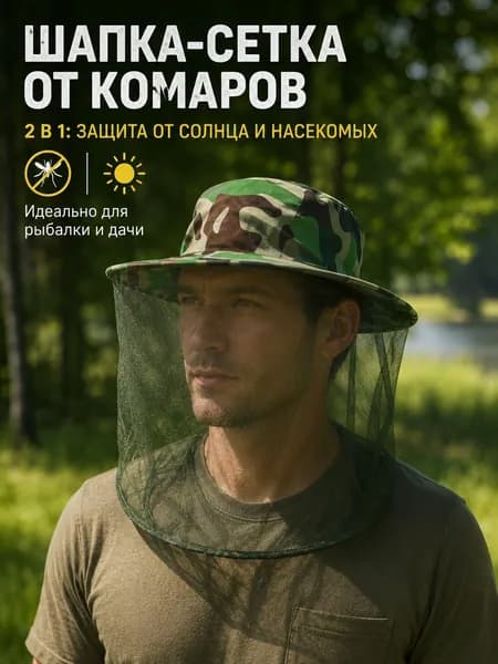 Накомарник на голову, москитная сетка от комаров, клещей, Панама для рыбалки и охоты