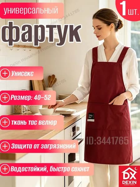Фартук кухонный универсальный водо- и маслостойкий с регулируемыми завязками, скрещенными лямками и большим карманом Dexin