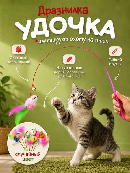 Игрушка для кошек удочка-дразнилка с мышкой и перьями, интерактивная игрушка для котят