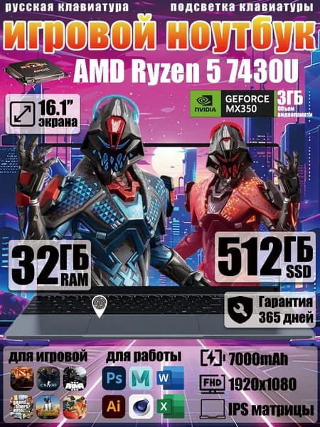 RQTS Y55 Игровой ноутбук 16.1", AMD Ryzen 5 7430U, RAM 16 ГБ, SSD 512 ГБ, NVIDIA GeForce MX350 (2 ГБ), Windows Home, (Y55), светло-синий, Русская раскладка