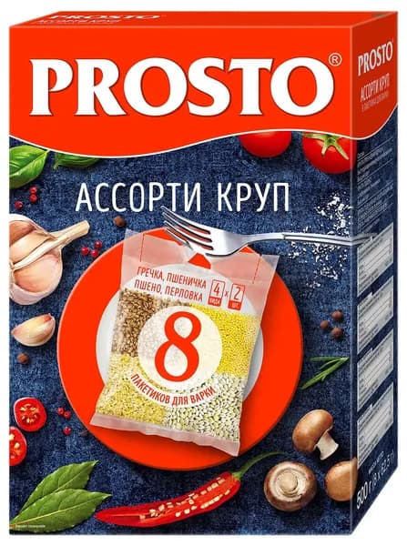 Ассорти круп (греча, пшено, пшеничка, перловка) в пакетиках для варки Prosto, 62,5 г х 8 шт