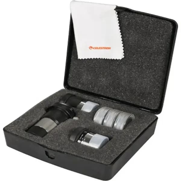 Эксклюзивный комплект Celestron AstroMaster 94307 для телескопа включает два окуляра, линзу Барлоу, три светофильтра, салфетку для оптики и пластиковый кейс
