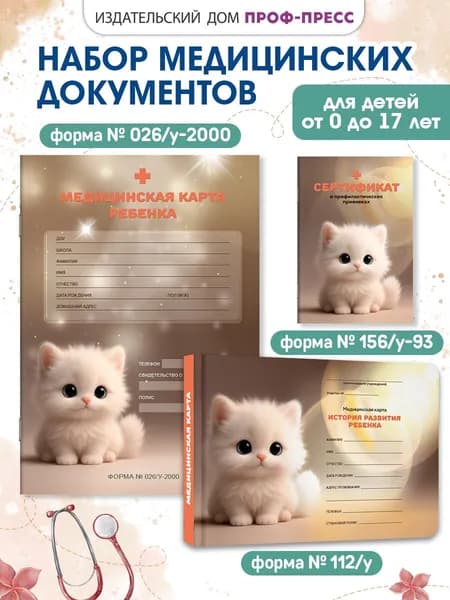 Амбулаторная карта ребенка + сертификат прививок + медицинская карта ребенка для д/с или школы "Белый котёнок", комплект 3 шт.
