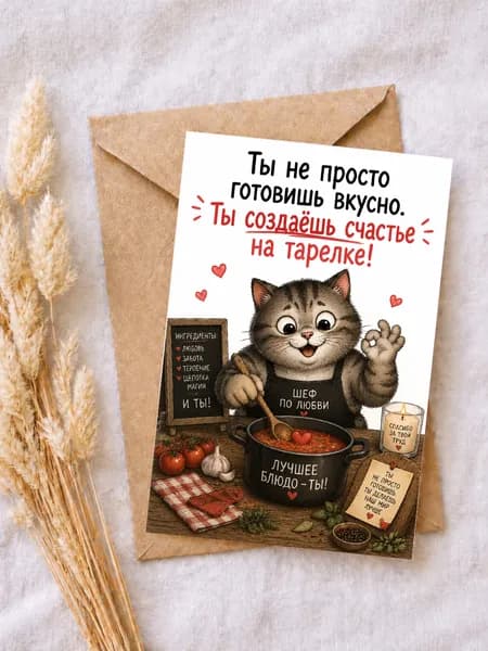 Открытка Ты создаёшь счастье 10 15 см с конвертом милая открытка с котиком-поваром, подарок маме, девушке