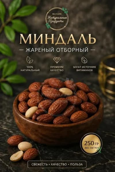 Миндаль жареный сухой обжарки, 250 г США, крупный, отборный, без масла и соли