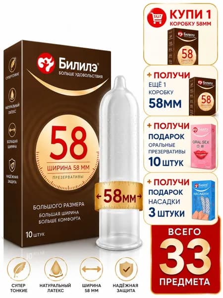20 ультратонких презервативов из натурального латекса размером 58 мм, 10 бесплатных наборов для орального секса, 3 комплекта застежек, 33 презерватива в руке.