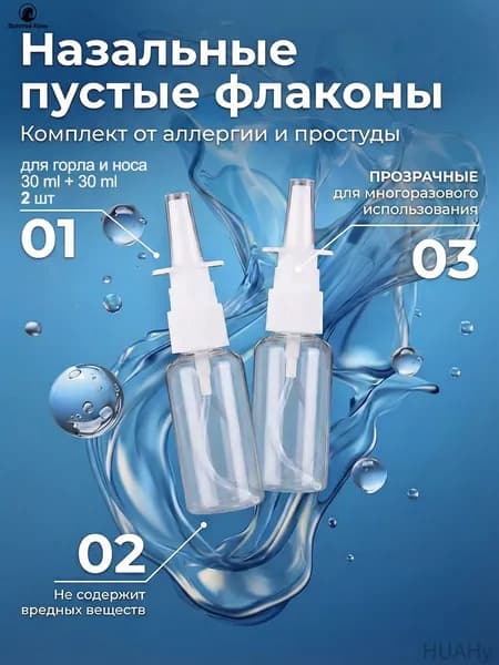 Пустой назальный флакон спрей распылитель, прозрачный пластик, 2шт по 30мл