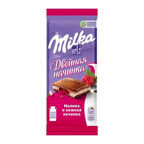 Шоколад молочный Двойная начинка нежная и малиновая Milka 80г
