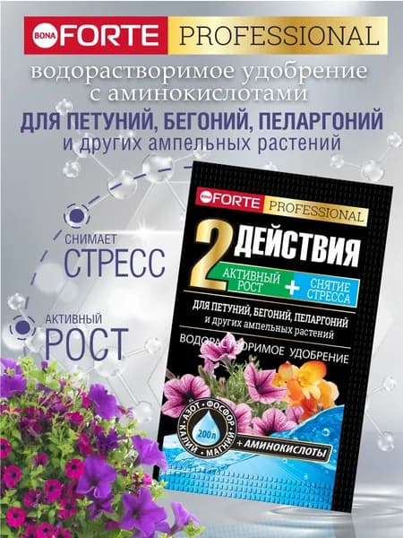 Удобрение для петуний, бегоний, пеларгоний садовых цветов водорастворимое с аминокислотами Бона Форте, 100 г ( на 200 л)