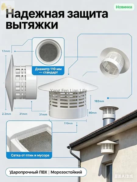 Грибок вентиляционный для трубы 110 мм, оголовок вытяжки с защитной сеткой-колпак на фановую трубу для крыши и канализации, белый ПВХ выход вентиляции.