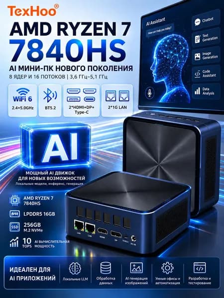 TexHoo Мини-ПК ZHR2 (AMD Ryzen 7 7840HS, RAM 16 ГБ, SSD 256 ГБ, AMD Radeon Graphics, Windows 11 Pro), Поддержка OpenClaw，AI NPU，Игровой мини-ПК Ryzen7 7840HS, темно-синий