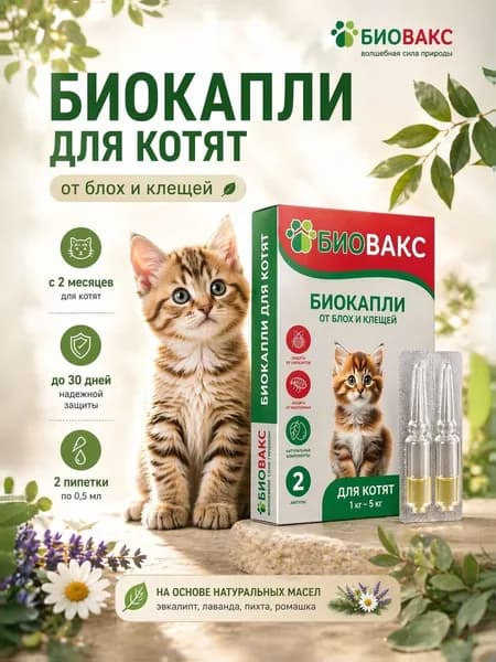 БиоВакс био-капли на холку для котят антипаразитарные от блох и клещей 2 пипетки