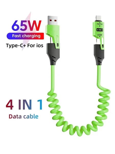 4in1 Кабель для быстрой зарядки TYPEC 65W с двойным наконечником, пружинный, автомобильный PD27W выдвижной кабель