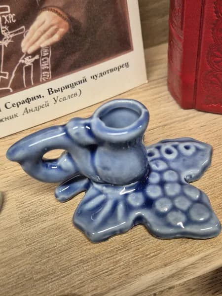 Подсвечник для церковной тонкой свечи керамический синий