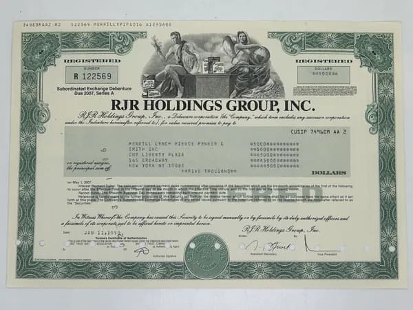 Ценная бумага США Табачная Компания RJR HOLDINGS GROUP, 1990е года. Ценная бумага №13