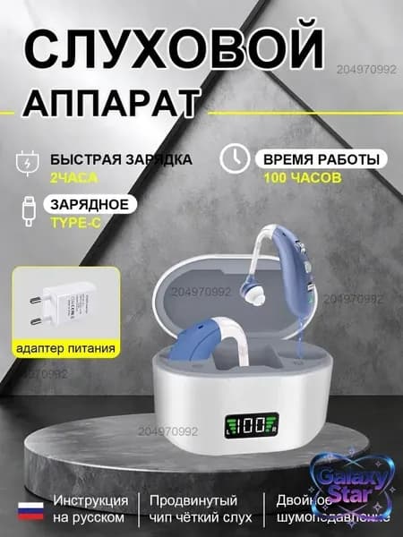 Заушный перезаряжаемый цифровой слуховой аппарат с функцией шумоподавления, подходящий для пожилых людей, синего цвета