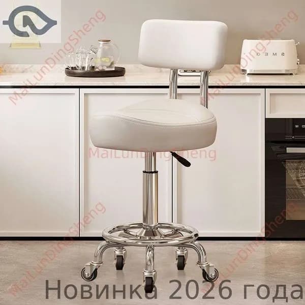 Ортопедический стул, Искусственная кожа, Модель без подножки, со спинкой, белый цвет, с бесшумными резиновыми колёсами