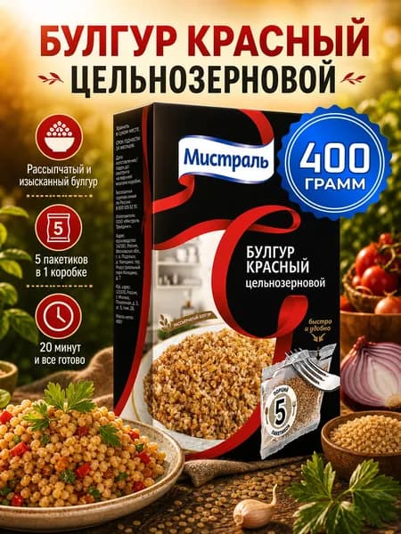 Булгур Мистраль красный, цельнозерновой, в пакетиках 400г