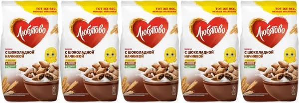 Сухой завтрак Любятово подушечки с шоколадной начинкой, комплект: 5 упаковок по 220 г
