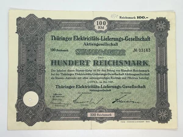 Акция Германия. Компания по поставке электроэнергии в Тюрингии, 100 РМ 1929 №67