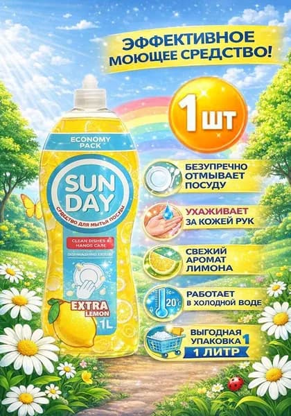 Средство для мытья посуды Sunday "Лимон" парфюмированное 1л х 1шт