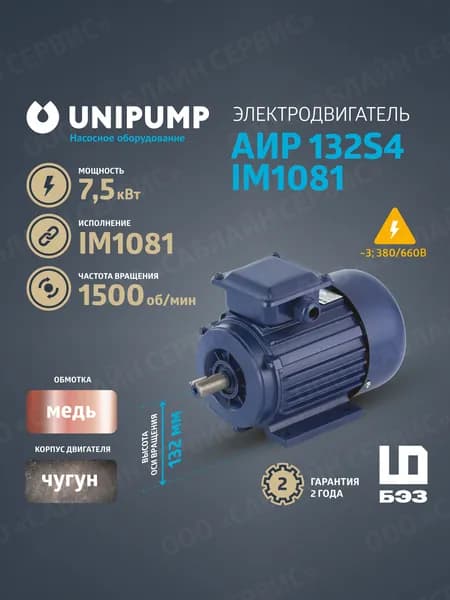 Электродвигатель АИР 132S4 IM1081 (7,5 кВт/1500 об/мин), корпус чугун