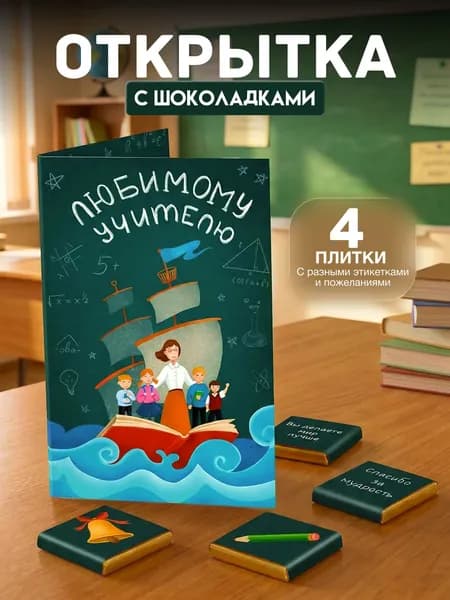 Открытка "Учителю. Корабль" с 4 молочными шоколадками внутри