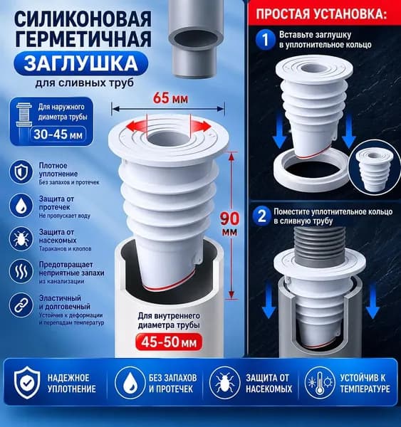 Силиконовая заглушка для сливной трубы, антивозвратный клапан от запаха, насекомых и протечек, уплотнитель для канализации 45 50 / 70 75 мм