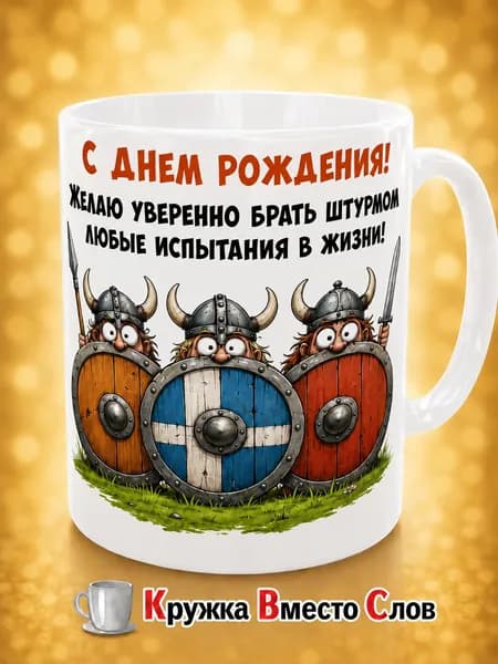 Кружка с принтом и надписью "С днем рождения!" (викинги), подарок на день рождения, Кружка Вместо Слов
