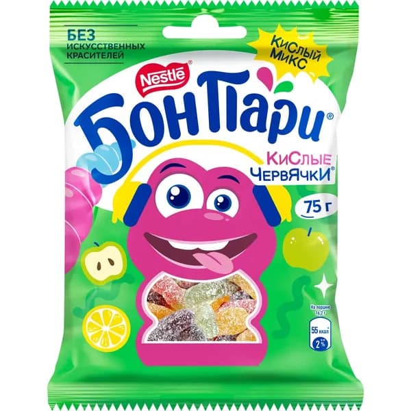 Бон Пари . Кислые Червячки . Мармелад жевательный фигурный со вкусом фруктов, 75г