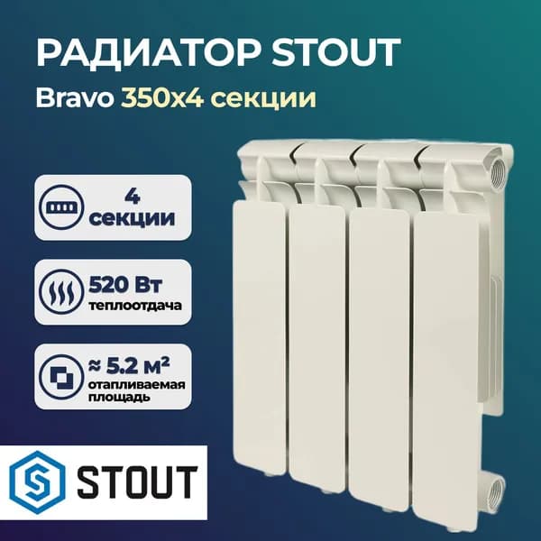 Алюминиевый секционный радиатор Stout Bravo 350 с боковым подключением 4 секции